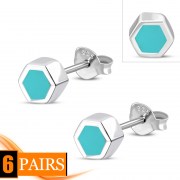 Tiny Turquoise Hexagon Silver Stud Earrings, e372